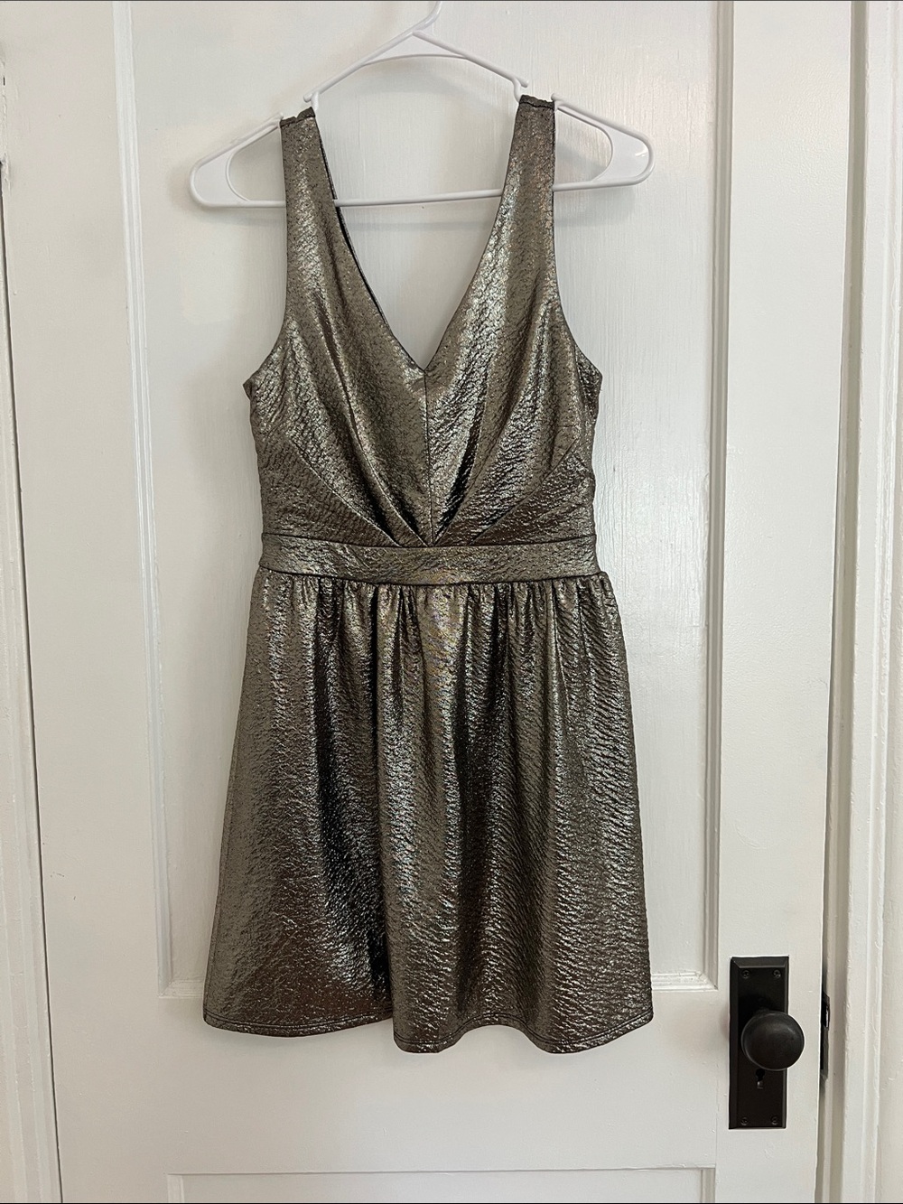 Sleeveless Metallic Gold V-Neck Mini Dress